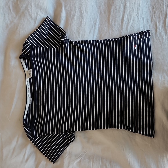 TOMMY Hilfiger Cotton White & Blue Striped Stretch T Shirt. Size SP - Picture 1 of 8